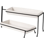 Shallow Porcelain Ceramic 2-Tier Rectangular Plate with Black Stand - Elegant 29cm Serving Display