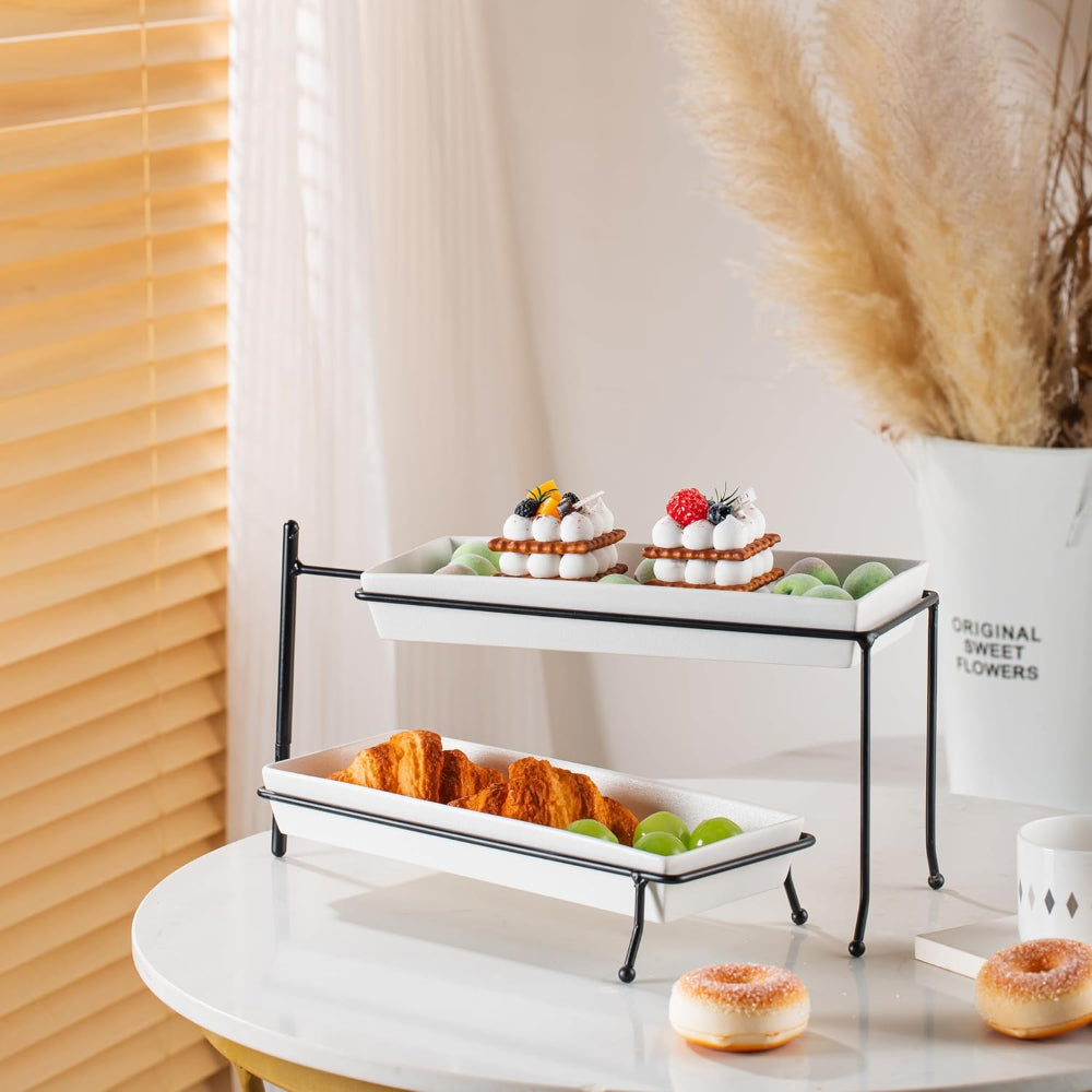 طبق تقديم مستطيل من البورسلين الخزفي الضحل ذو طبقتين مع حامل أسود - عرض تقديم أنيق 29 سم