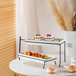 طبق تقديم مستطيل من البورسلين الخزفي الضحل ذو طبقتين مع حامل أسود - عرض تقديم أنيق 29 سم