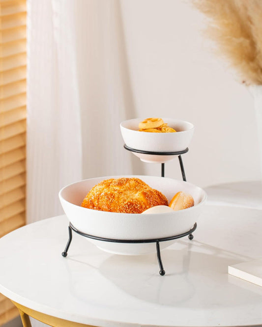 طقم أوعية رقائق البطاطس والغمس من البورسلين الصيني العظمي مع حامل أسود - 12 سم و24 سم