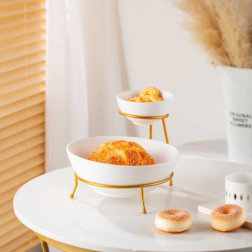 طقم أوعية رقائق وصلصة من البورسلين الصيني العظمي مع حامل ذهبي - 12 سم و24 سم