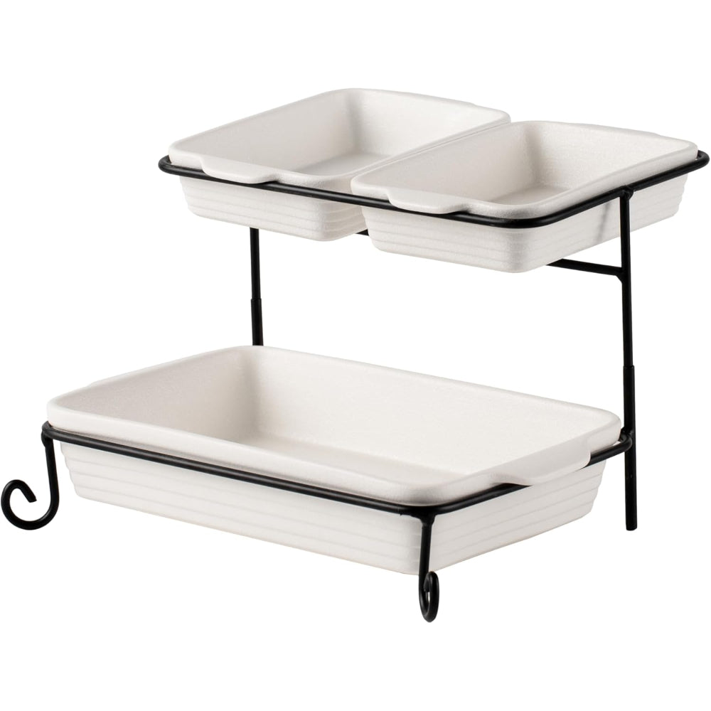 Bone China Shallow Porcelain 2-Tier Rectangular Serving Set with Black Stand Rack - 2x 20cm and 30cm