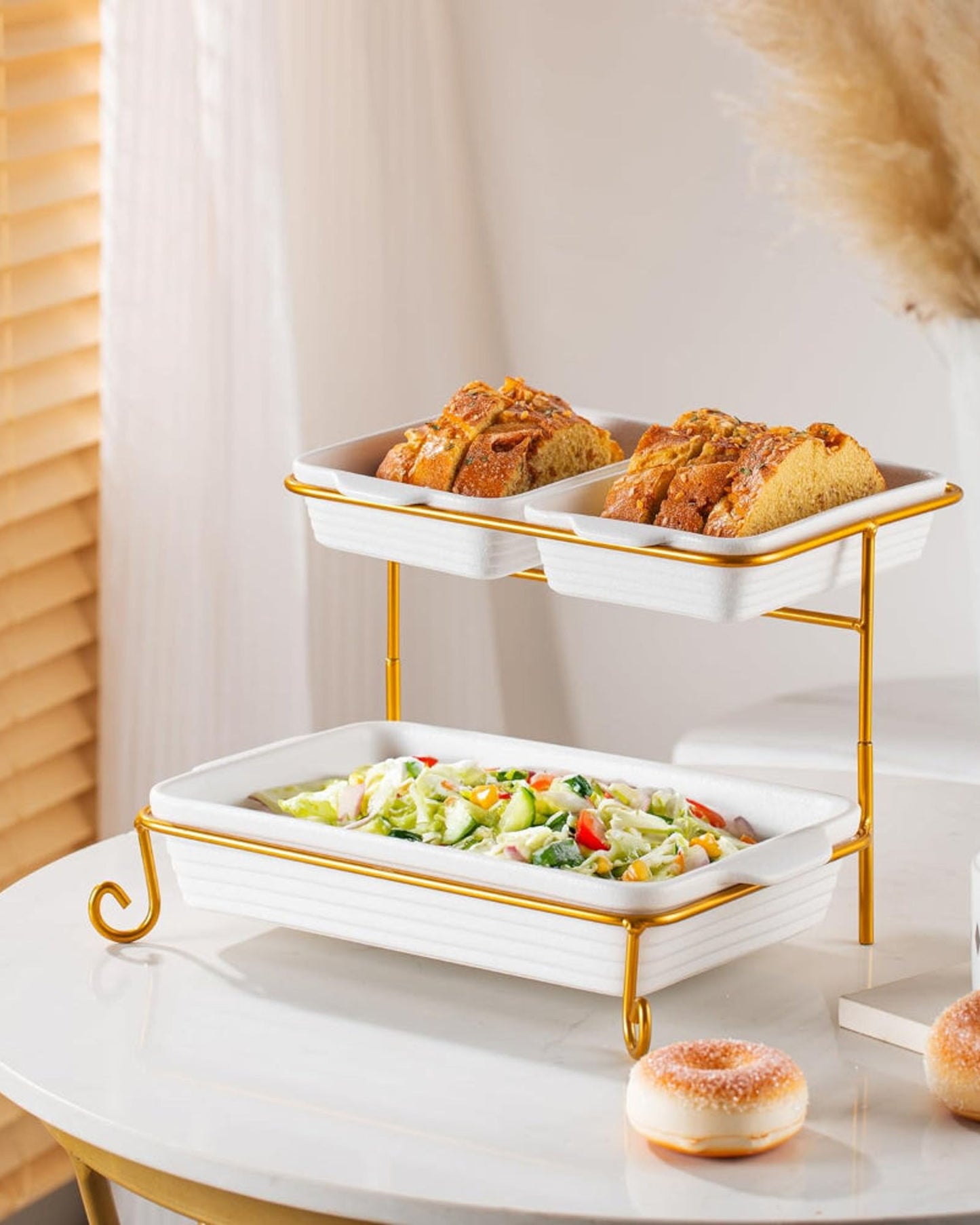 طقم تقديم مستطيل من البورسلين الضحل ذو طبقتين مع حامل ذهبي - 2 × 20 سم و30 سم