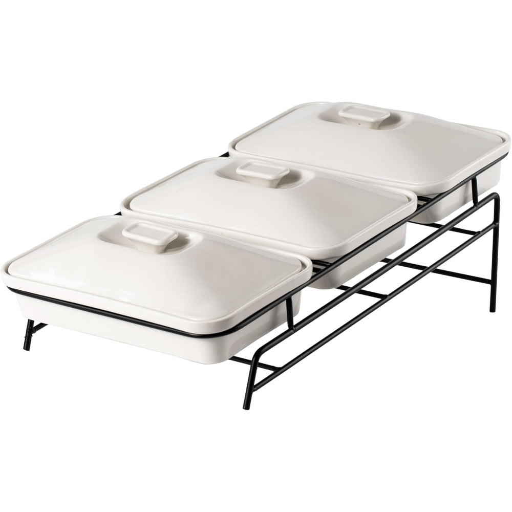 Shallow Porcelain 3-Tier Casserole Set with Black Stand Rack - 30cm x 3