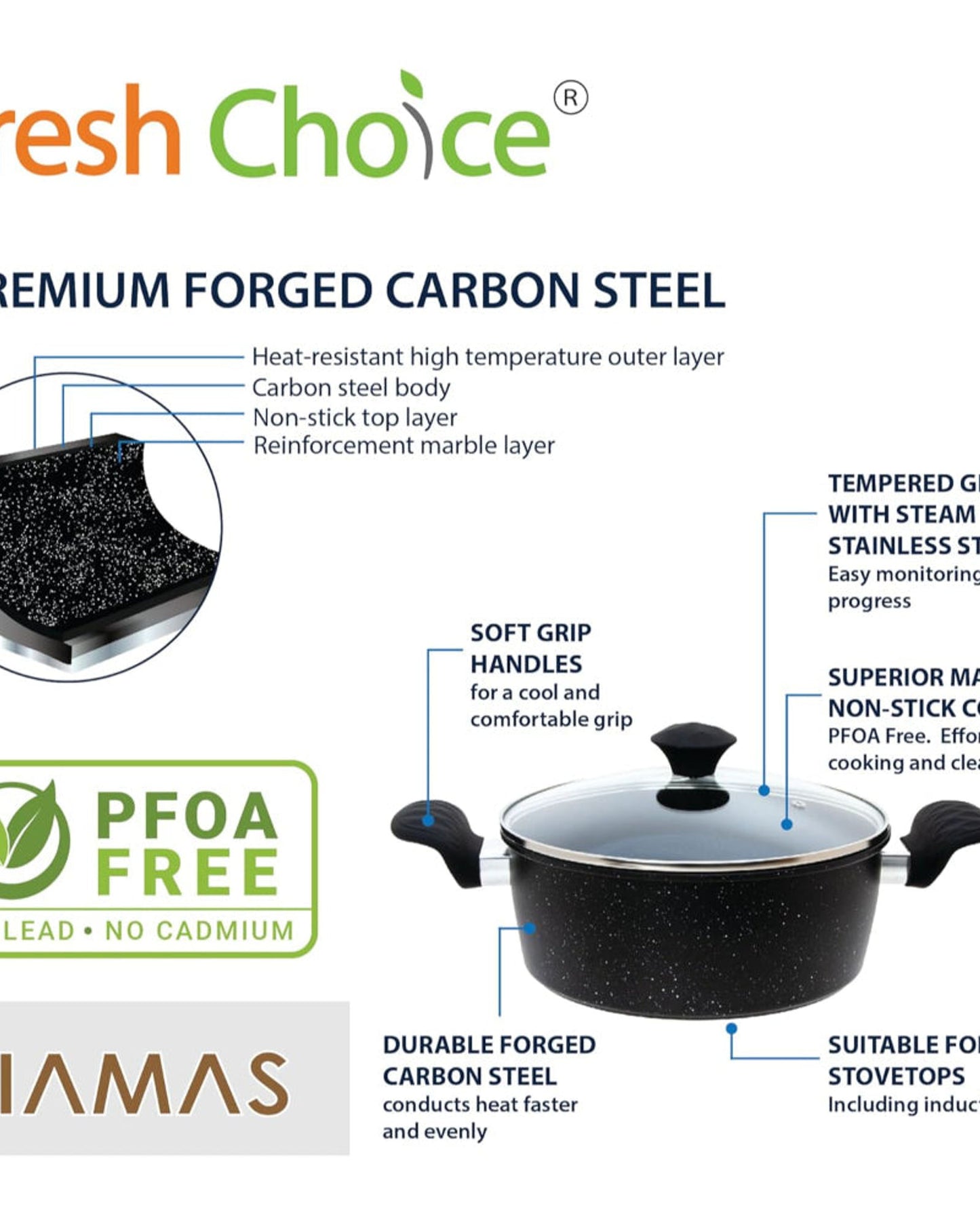 مجموعة أواني طهي دياماس المصنوعة من الفولاذ الكربوني غير اللاصق والمكونة من 10 قطع - فريش تشويس