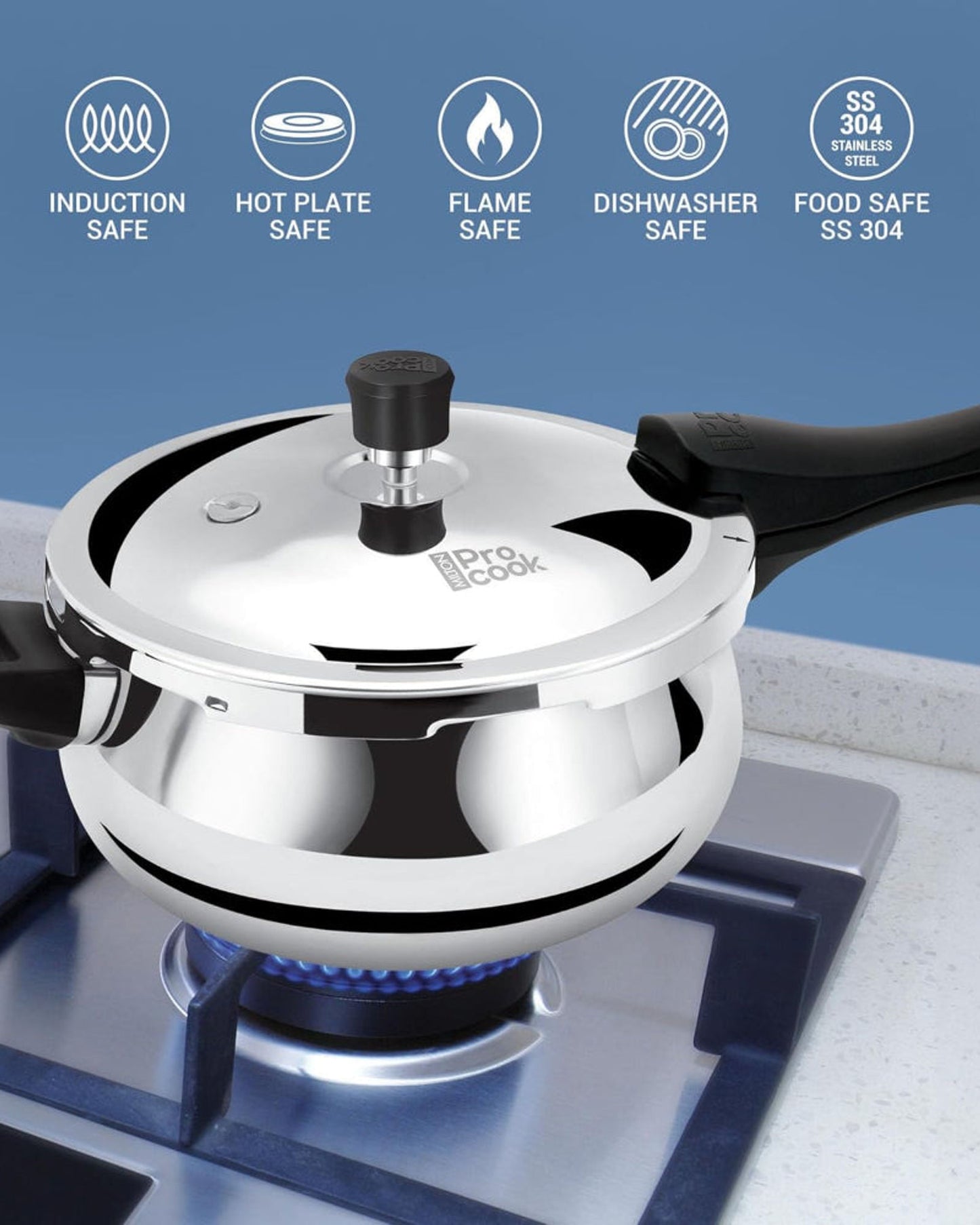 طنجرة ضغط ميلتون برو كوك تريبلي، مصنوعة من الفولاذ المقاوم للصدأ، تعمل بالحث، مع غطاء خارجي وزجاجي، سعة 5.5 لتر، لون فضي | نظام تحرير الحشية، آمنة غذائيًا | تعمل بالحث | صفيحة ساخنة | مقاومة للهب