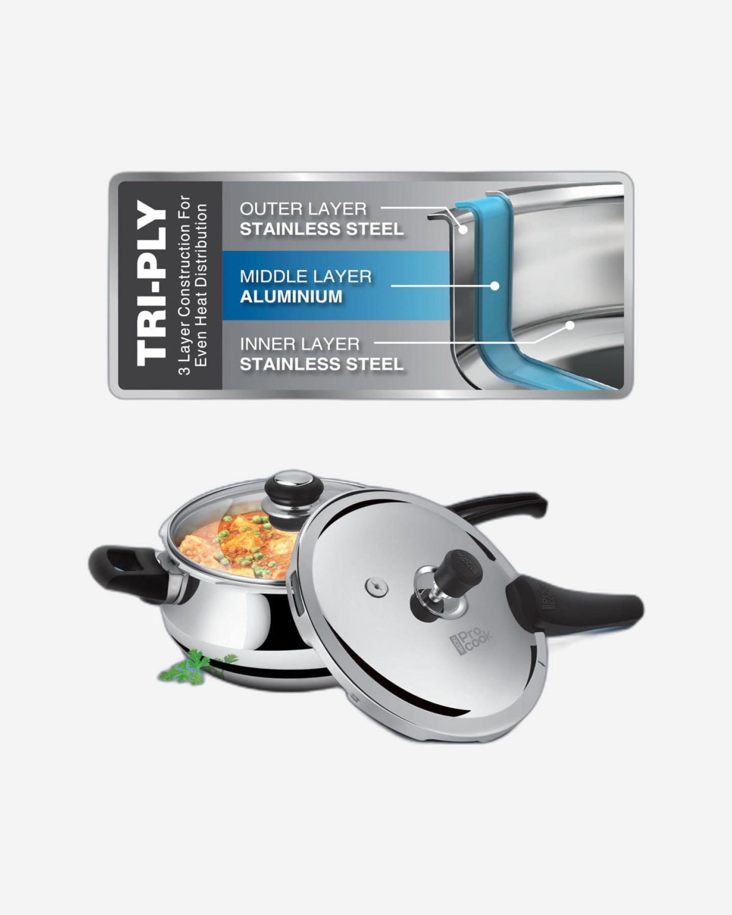 طنجرة ضغط ميلتون برو كوك تريبلي، مصنوعة من الفولاذ المقاوم للصدأ، تعمل بالحث، مع غطاء خارجي وزجاجي، سعة 5.5 لتر، لون فضي | نظام تحرير الحشية، آمنة غذائيًا | تعمل بالحث | صفيحة ساخنة | مقاومة للهب