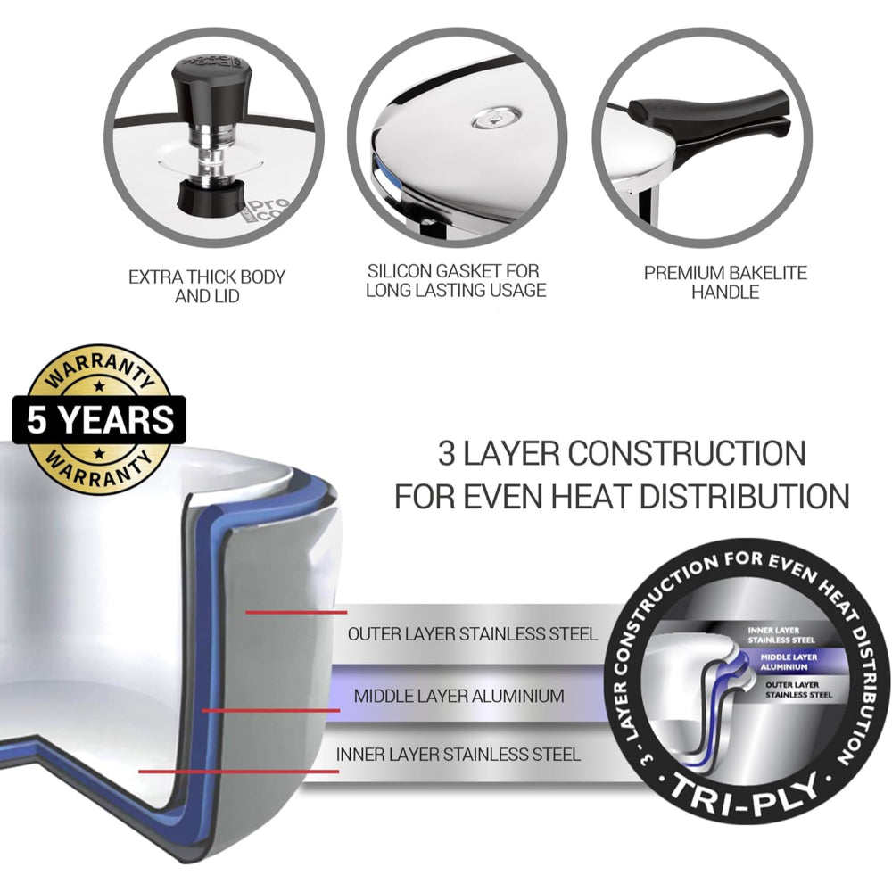 طنجرة ضغط ميلتون برو كوك ثلاثية الطبقات من الفولاذ المقاوم للصدأ بغطاء خارجي، سعة ٥ لترات، لون فضي | آمنة للغسل في غسالة الأطباق | آمنة للطعام | آمنة للطهي بالحث الحراري | آمنة للطهي على الموقد الساخن | آمنة للطهي على اللهب