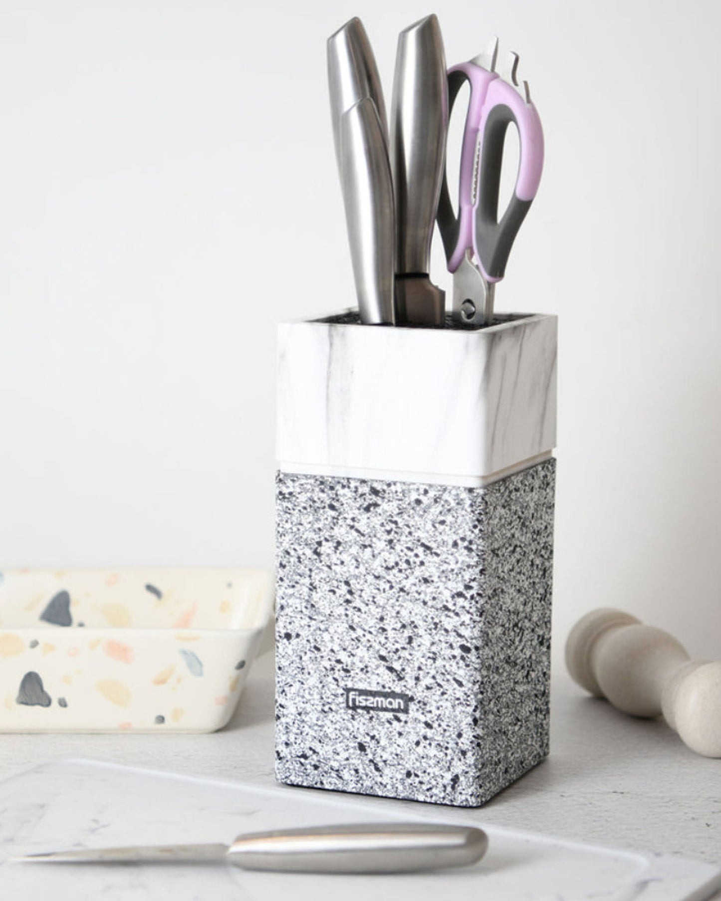 منظم سكاكين مطبخ بلاستيكي من فيسمان، 11×11×23 سم، لون رخامي