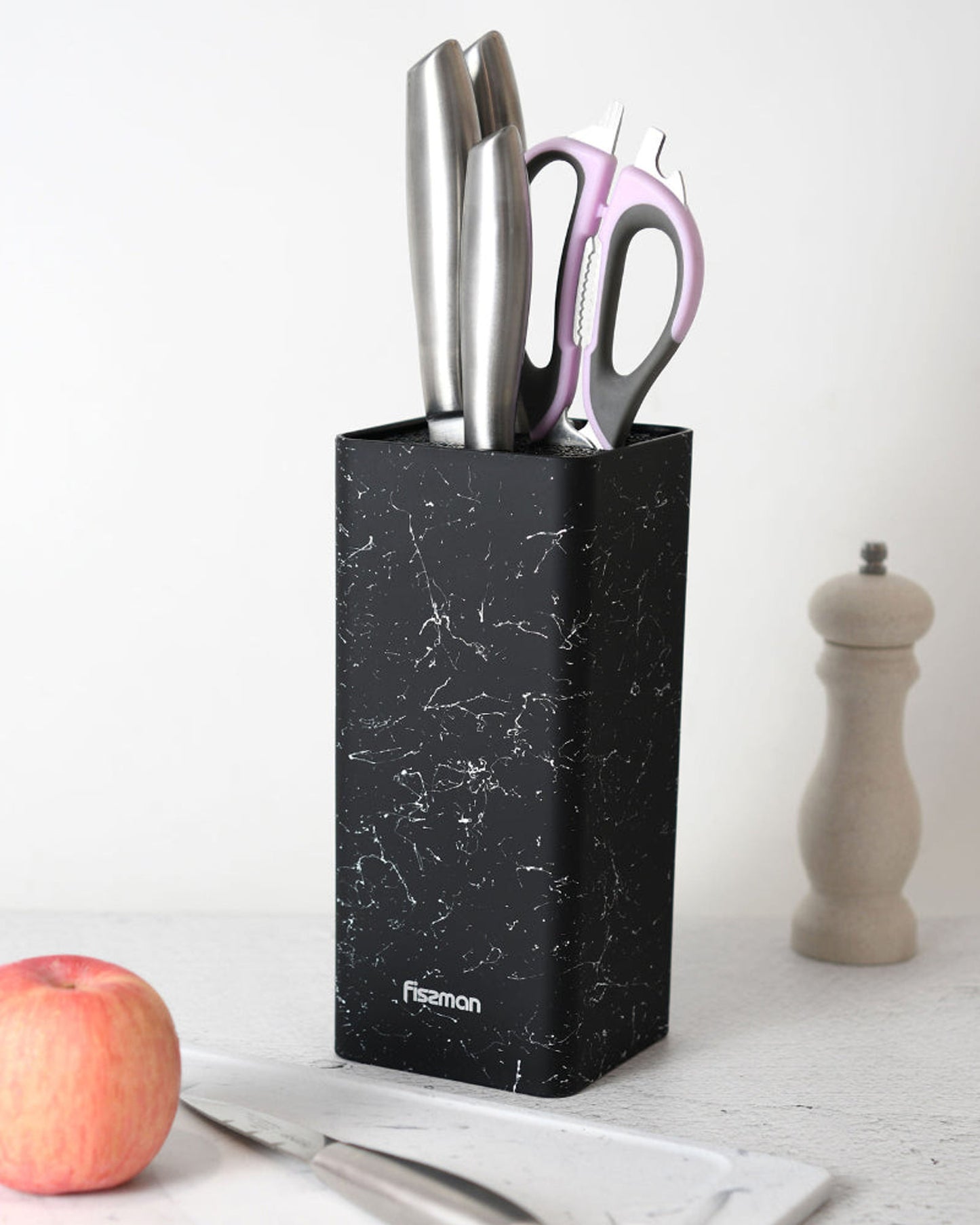 منظم سكاكين فيسمان مربع الشكل، لون رخامي أسود، 22 سم