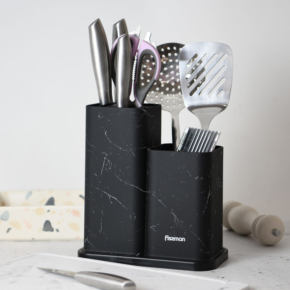 Fissman Kitchen Knife And Utensil Organizer 11x11x23+11x11x17 cm, Black Marble (Plastic)