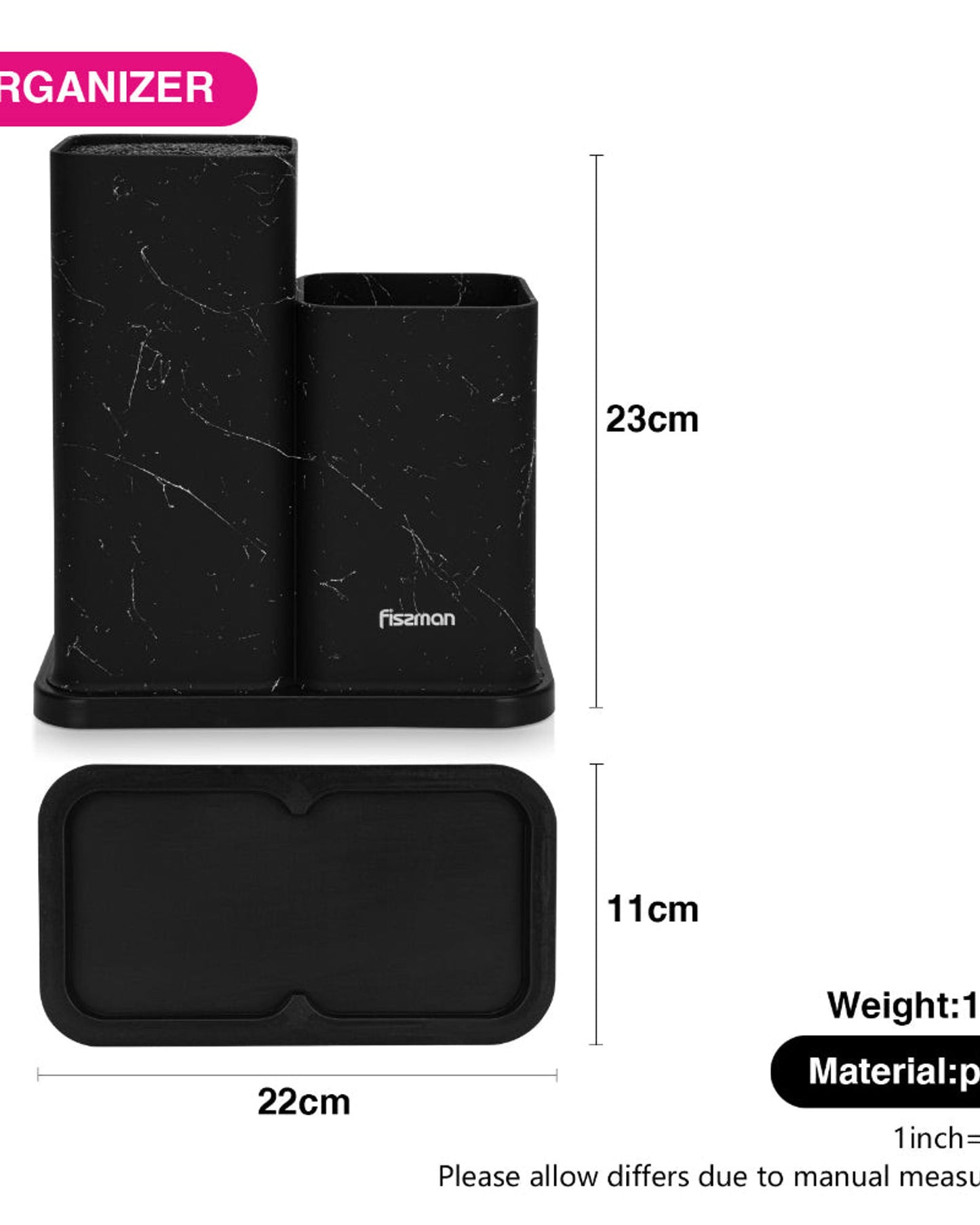 منظم سكاكين وأدوات مطبخ من فيسمان، لون رخامي أسود، 23 سم