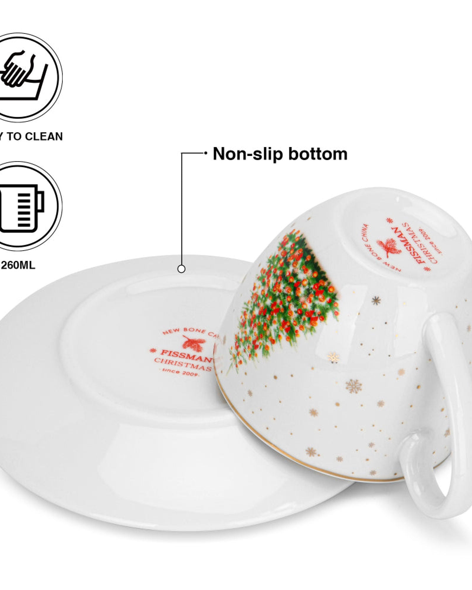 طقم أكواب وصحن من فيسمان، قطعتين، سعة 260 مل، مصنوع من الخزف العظمي الصيني الجديد لعيد الميلاد