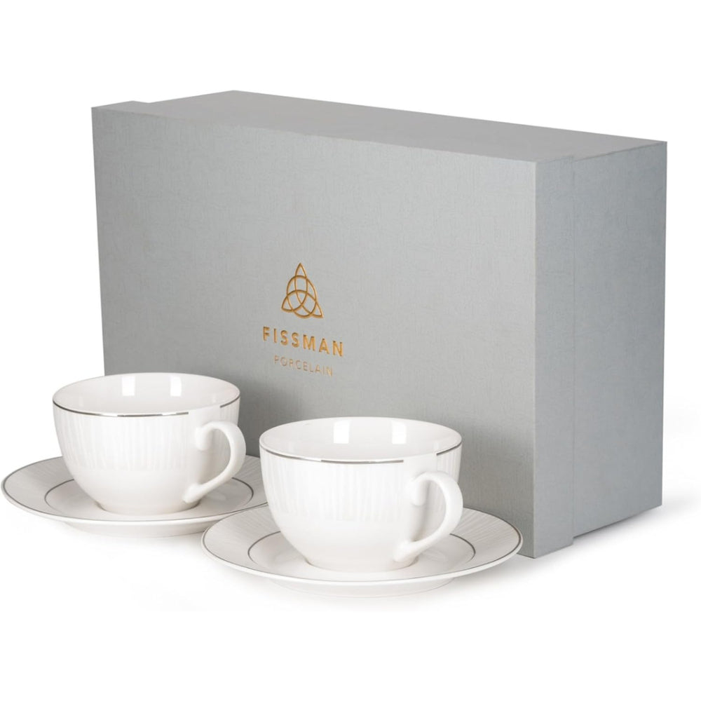 أكواب فيسمان من قطعتين سعة 220 مل مع صحون، مصنوعة من الخزف العظمي الجديد