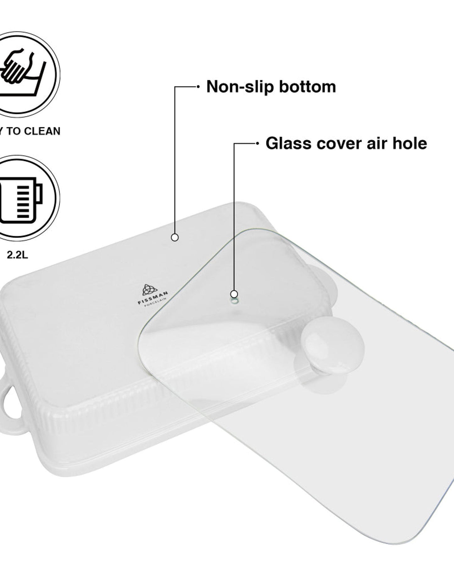 صينية خبز مستطيلة من فيسمان بغطاء زجاجي، 31.5 سم/2.2 لتر، بورسلين