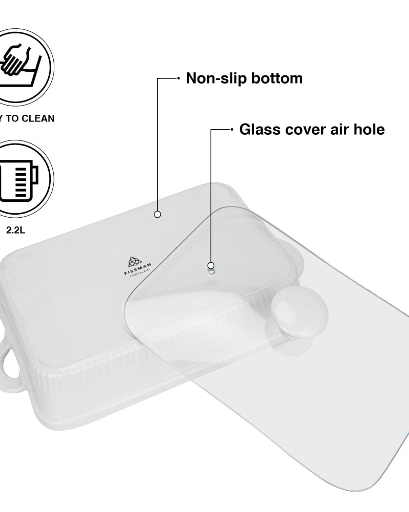 صينية خبز مستطيلة من فيسمان بغطاء زجاجي، 31.5 سم/2.2 لتر، بورسلين