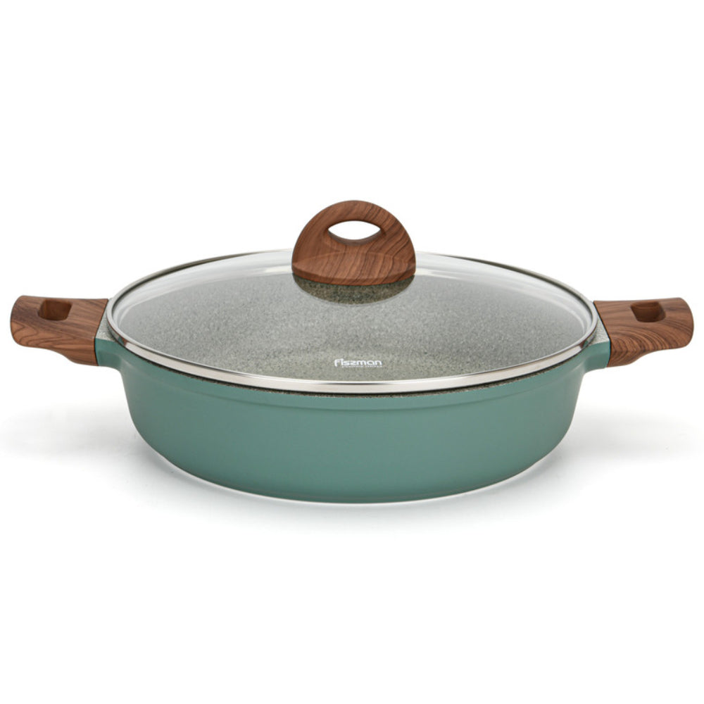 Fissman Casserole With Glass Lid Aluminium Coating Shallow And Induction Bottom 28x7.2cm/3.8LTR Green