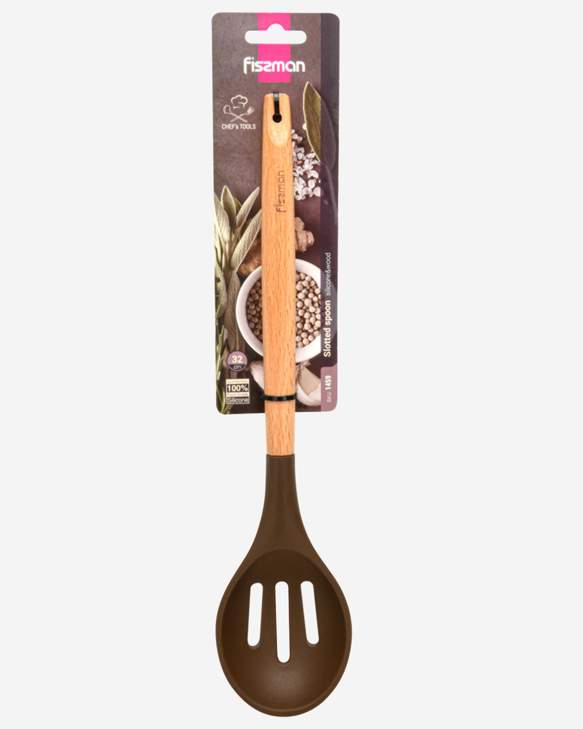 Fissman Slotted Spoon Silicone Wooden Handle Brown 32cm