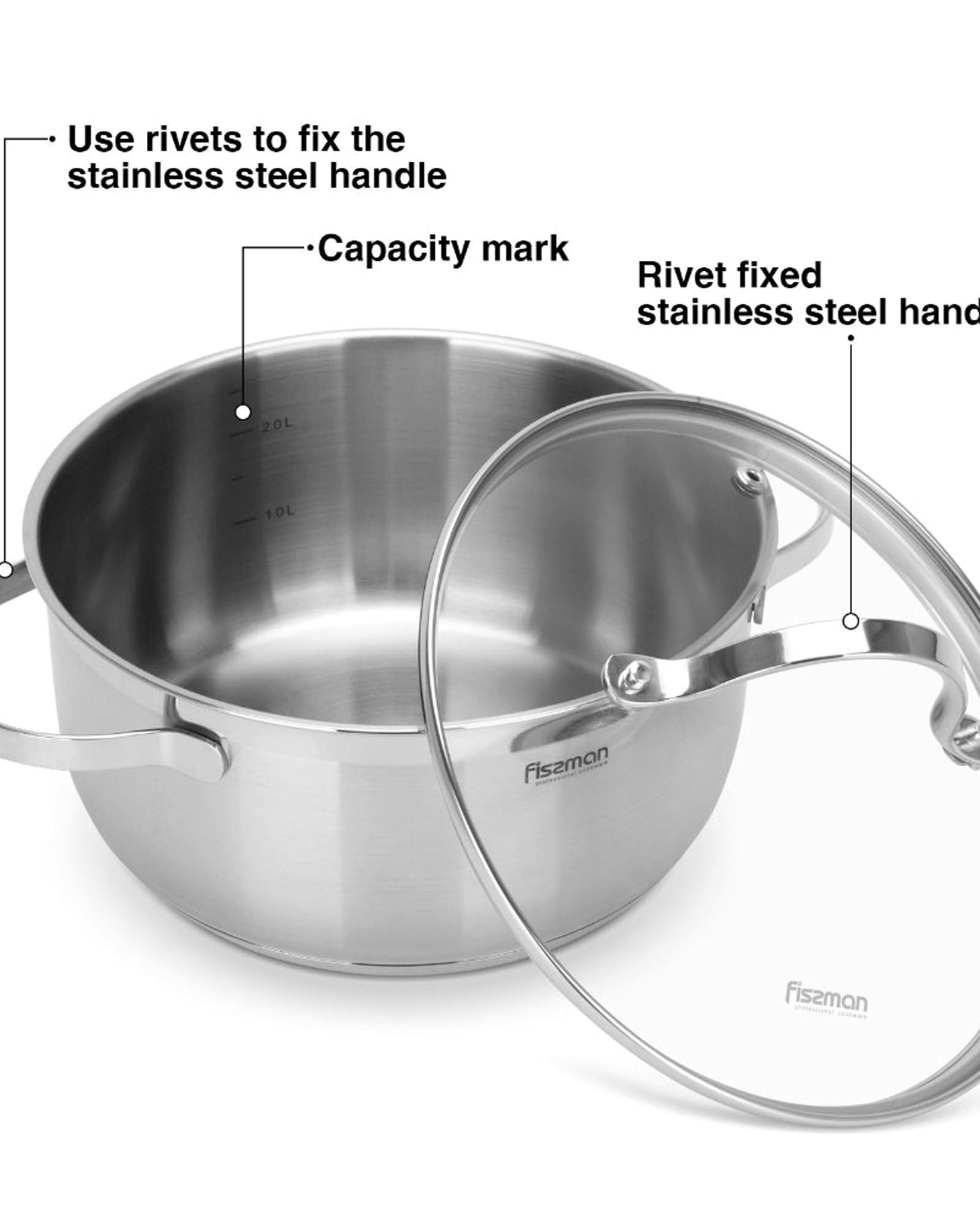 طقم أواني طهي فيسمان غابرييلا 8 قطع مع أغطية زجاجية من الفولاذ المقاوم للصدأ