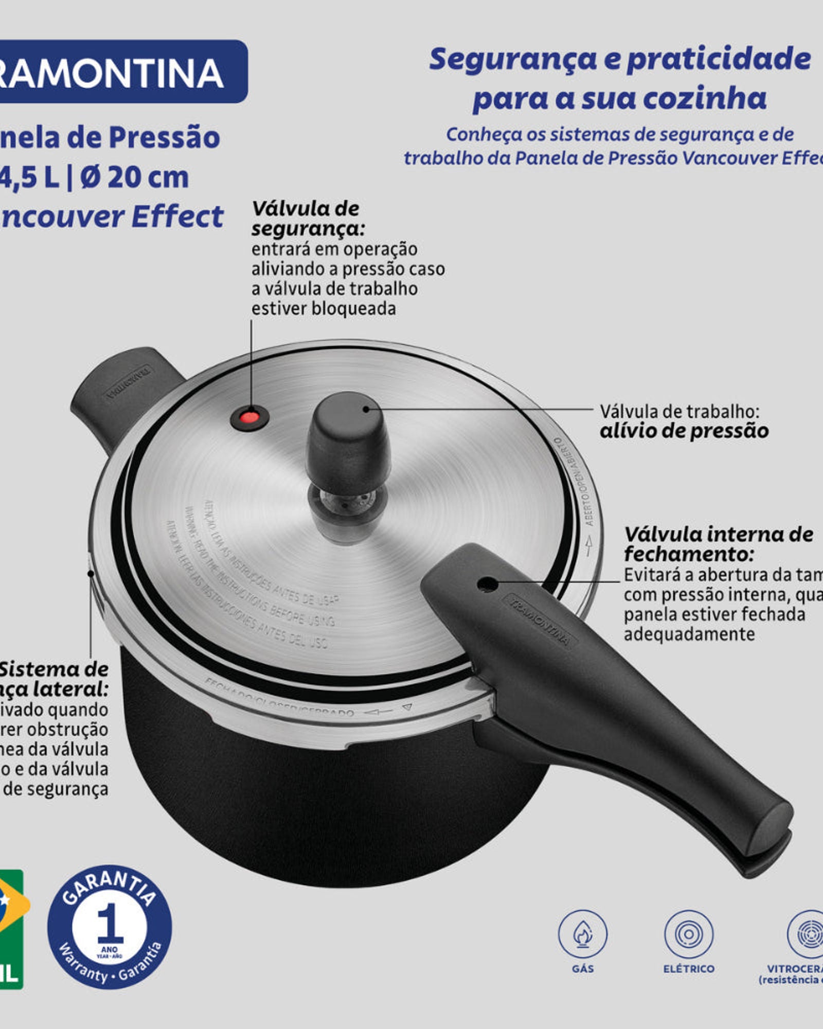 ترامونتينا منذ عام 1911، صنع في البرازيل، طنجرة ضغط من الألومنيوم الأسود بتأثير فانكوفر من ترامونتينا، مع طبقة ستارفلون ماكس غير لاصقة داخلية وخارجية، 20 سم، 4.5 لتر