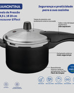 ترامونتينا منذ عام 1911، صنع في البرازيل، طنجرة ضغط من الألومنيوم الأسود بتأثير فانكوفر من ترامونتينا، مع طبقة ستارفلون ماكس غير لاصقة داخلية وخارجية، 20 سم، 4.5 لتر