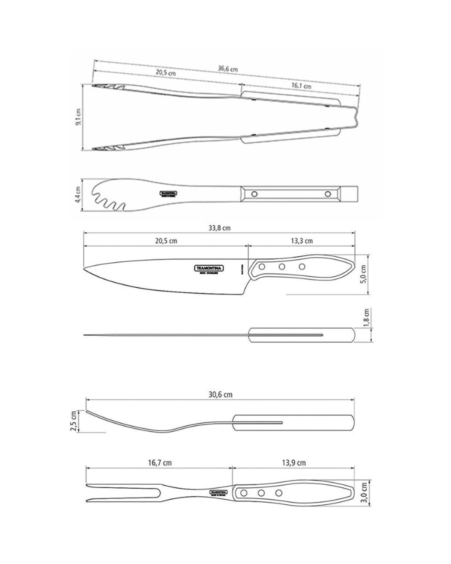 ترامونتينا منذ عام 1911، صنع في البرازيل. طقم أدوات ترامونتينا المكون من 3 قطع بشفرات من الفولاذ المقاوم للصدأ ومقابض من الخشب البني المعالج