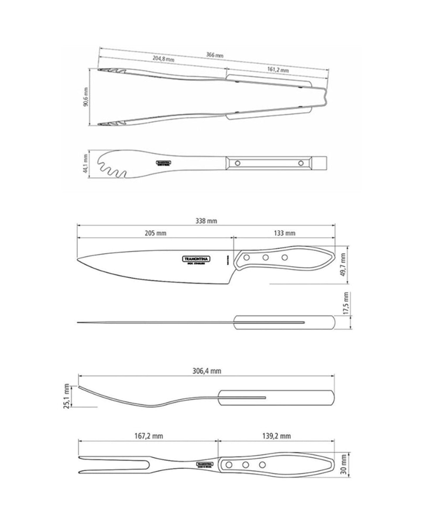 ترامونتينا منذ عام 1911، صنع في البرازيل. طقم أدوات ترامونتينا المكون من 3 قطع بشفرات من الفولاذ المقاوم للصدأ ومقابض من الخشب البني المعالج