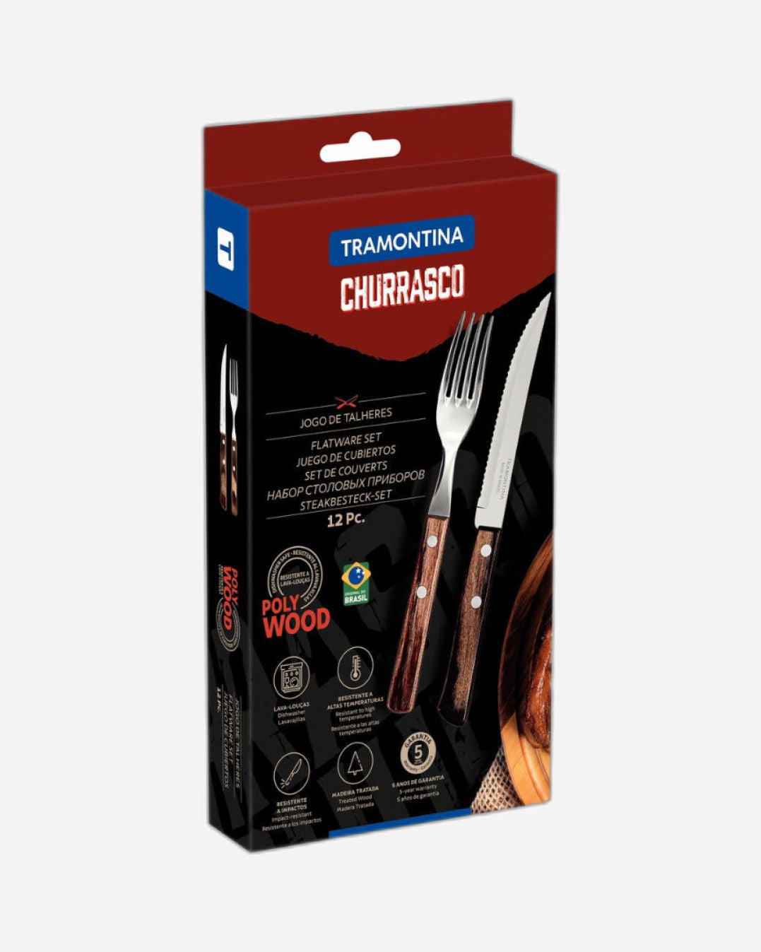 ترامونتينا منذ عام 1911، صنع في البرازيل، طقم أدوات مائدة ترامونتينا مكون من 12 قطعة بشفرات من الفولاذ المقاوم للصدأ ومقابض من الخشب البني المعالج