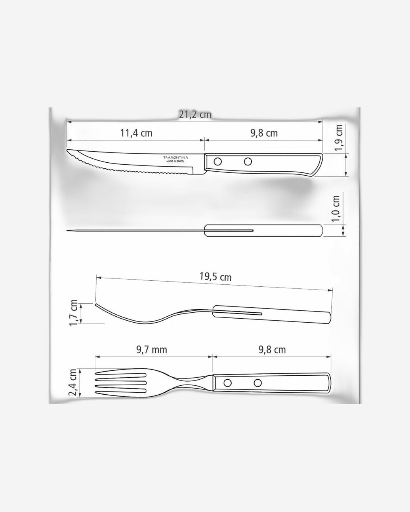 ترامونتينا منذ عام 1911، صنع في البرازيل، طقم أدوات مائدة ترامونتينا مكون من 12 قطعة بشفرات من الفولاذ المقاوم للصدأ ومقابض من الخشب البني المعالج