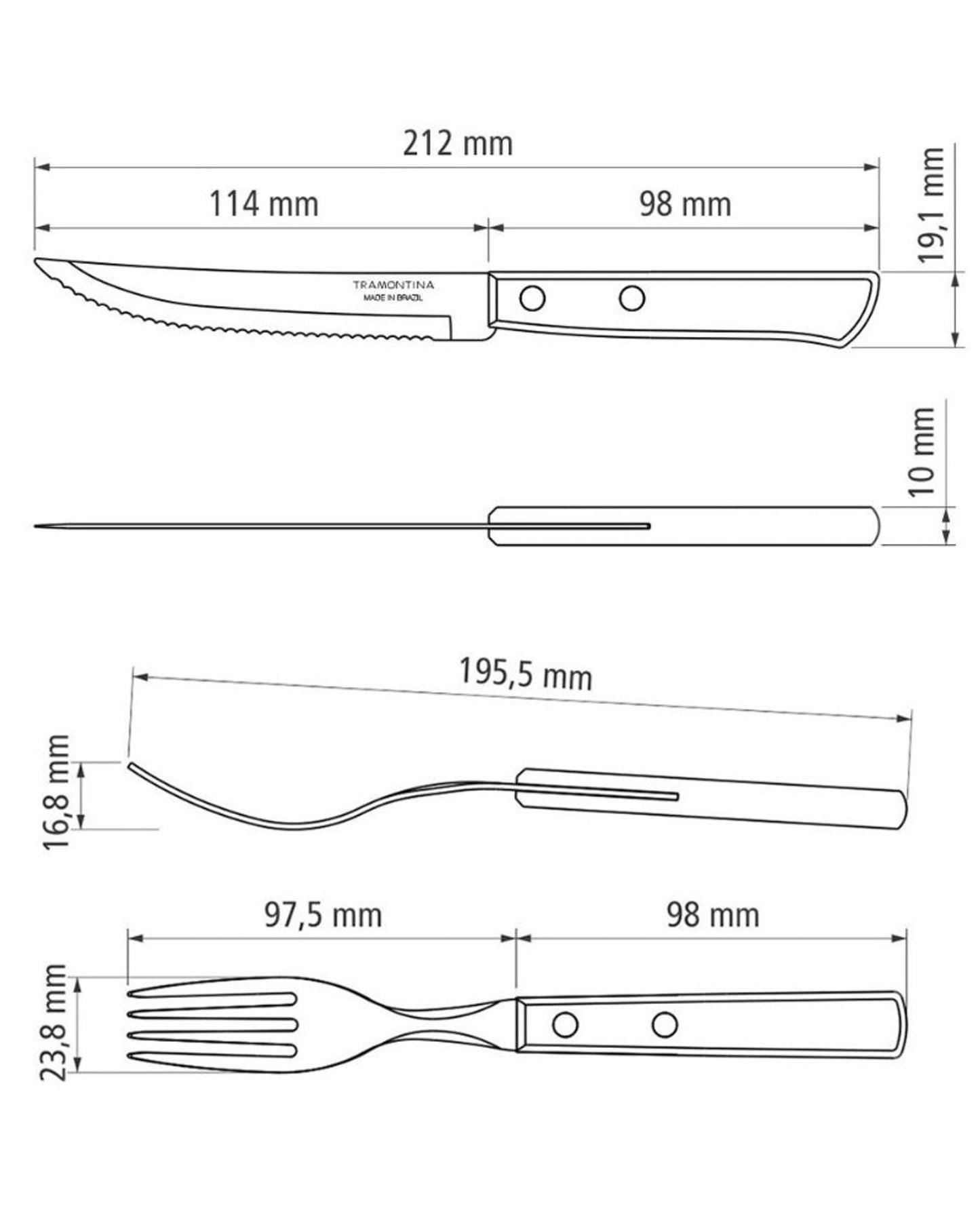 ترامونتينا منذ عام 1911، صنع في البرازيل، طقم أدوات مائدة ترامونتينا مكون من 12 قطعة بشفرات من الفولاذ المقاوم للصدأ ومقابض من الخشب البني المعالج