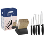 Since 1911 Made in Brazil Tramontina Plenus 6-Piece Knife Set with Stainless Steel Blades, Black Polypropylene Handles and Wood Block