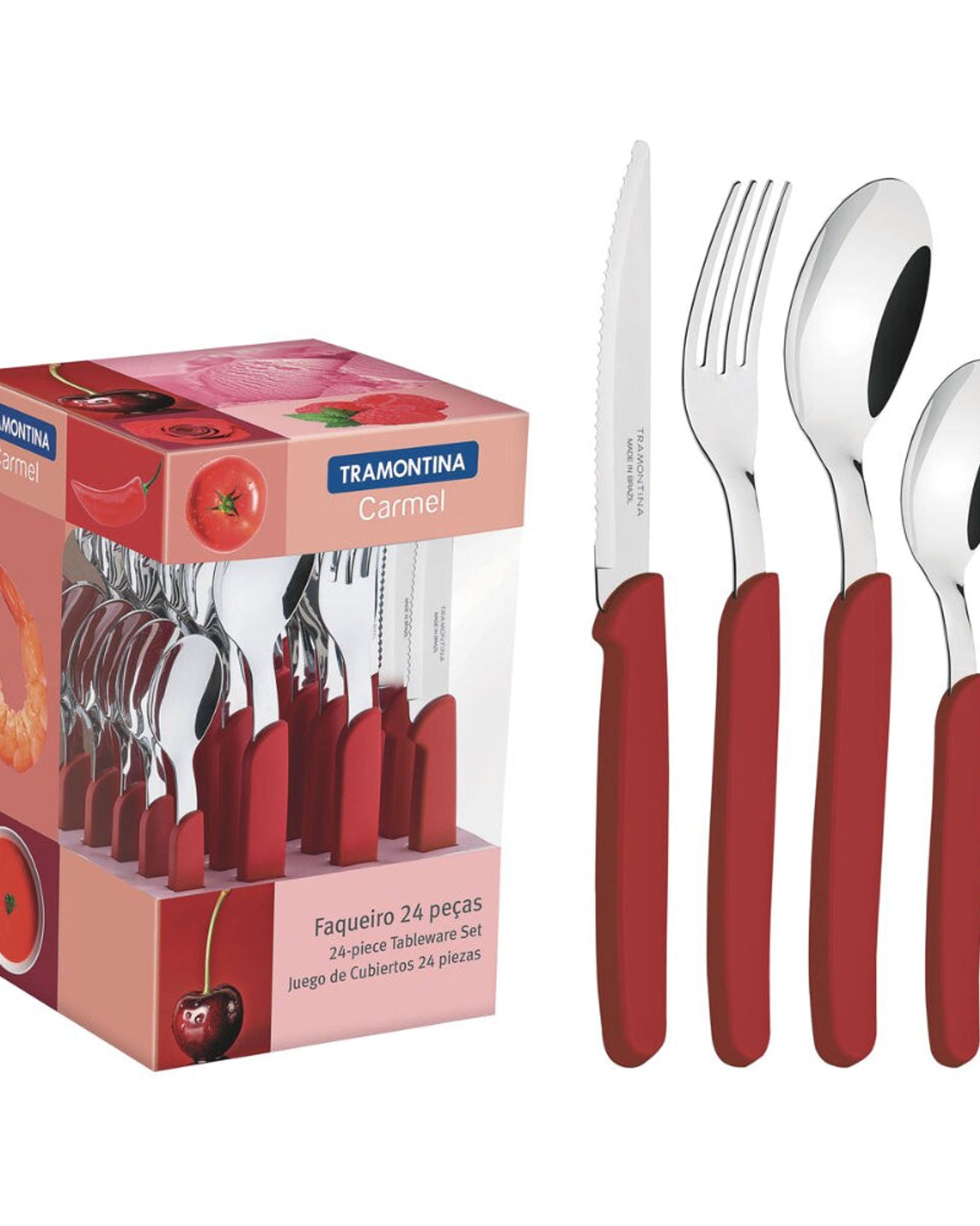 ترامونتينا منذ عام 1911، صنع في البرازيل، طقم أدوات مائدة ترامونتينا كارميل بشفرات من الفولاذ المقاوم للصدأ ومقابض من البولي بروبيلين بلون قرمزي متوسط، مجموعة من 24 قطعة