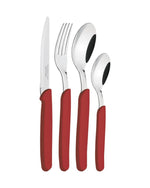 ترامونتينا منذ عام 1911، صنع في البرازيل، طقم أدوات مائدة ترامونتينا كارميل بشفرات من الفولاذ المقاوم للصدأ ومقابض من البولي بروبيلين بلون قرمزي متوسط، مجموعة من 24 قطعة