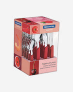 ترامونتينا منذ عام 1911، صنع في البرازيل، طقم أدوات مائدة ترامونتينا كارميل بشفرات من الفولاذ المقاوم للصدأ ومقابض من البولي بروبيلين بلون قرمزي متوسط، مجموعة من 24 قطعة