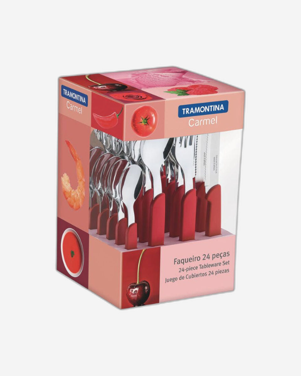 ترامونتينا منذ عام 1911، صنع في البرازيل، طقم أدوات مائدة ترامونتينا كارميل بشفرات من الفولاذ المقاوم للصدأ ومقابض من البولي بروبيلين بلون قرمزي متوسط، مجموعة من 24 قطعة