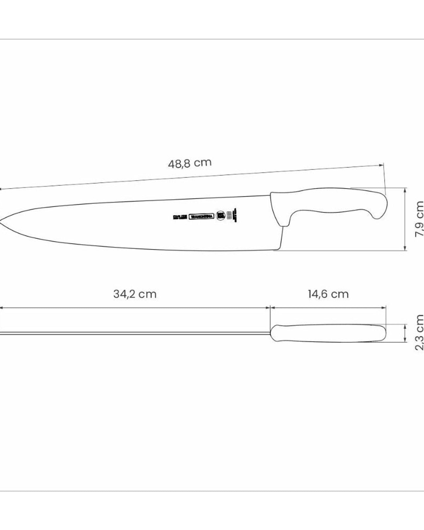 ترامونتينا منذ عام 1911، صنع في البرازيل. سكين لحوم احترافية من ترامونتينا مقاس 14 بوصة بشفرة من الفولاذ المقاوم للصدأ ومقبض من البولي بروبيلين الأصفر.