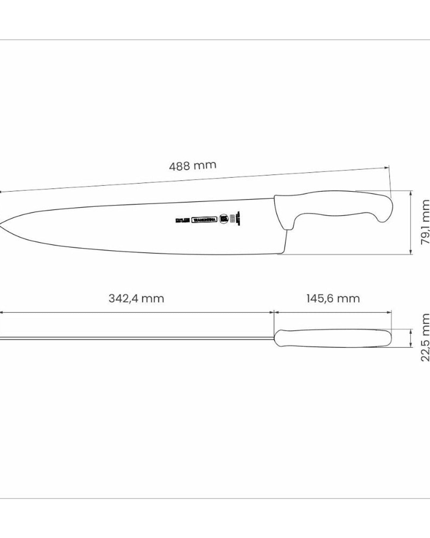 ترامونتينا منذ عام 1911، صنع في البرازيل. سكين لحوم احترافية من ترامونتينا مقاس 14 بوصة بشفرة من الفولاذ المقاوم للصدأ ومقبض من البولي بروبيلين الأصفر.
