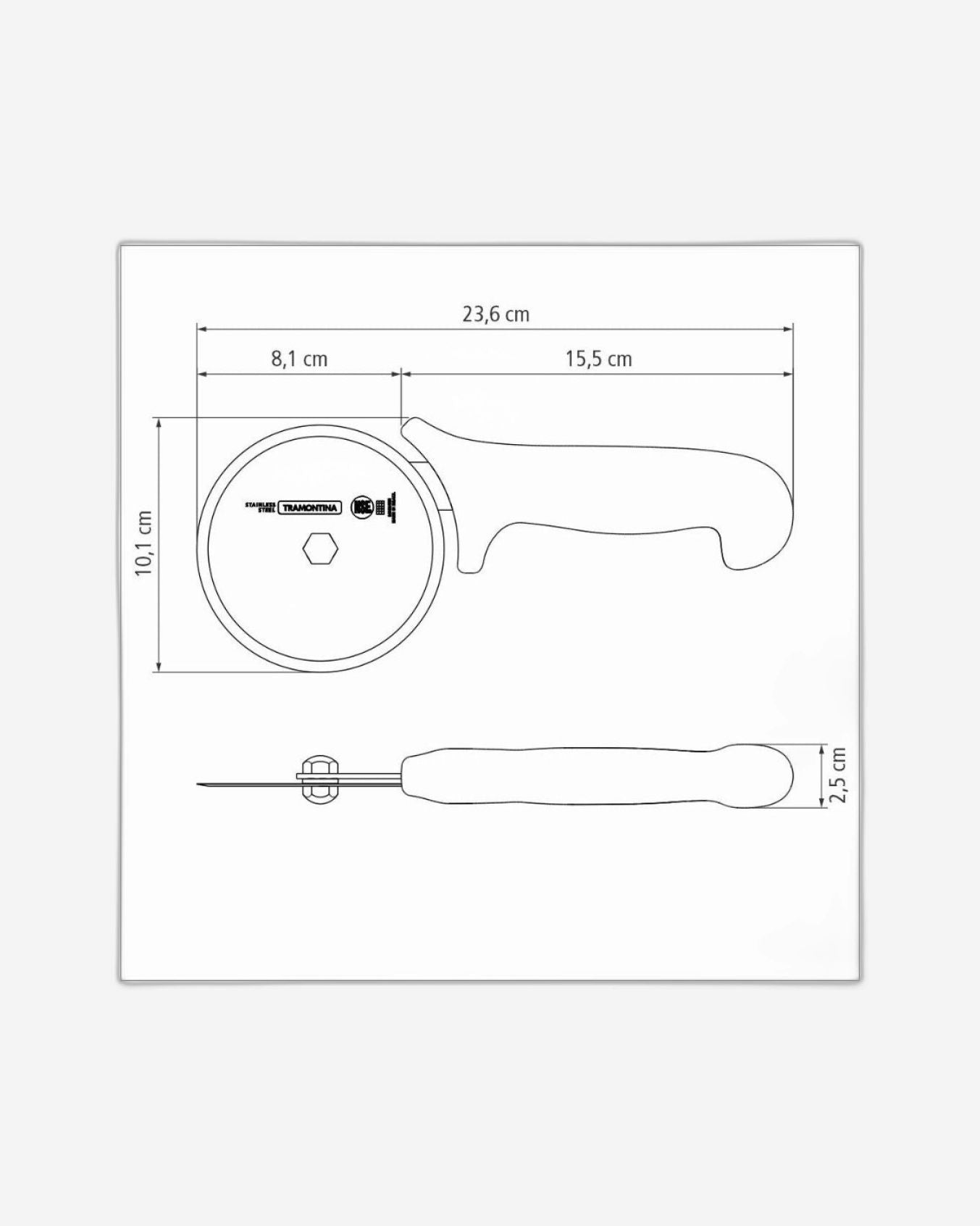 ترامونتينا منذ عام 1911، صنع في البرازيل، قطاعة بيتزا احترافية من ترامونتينا بشفرة من الفولاذ المقاوم للصدأ ومقبض من البولي بروبيلين الأبيض
