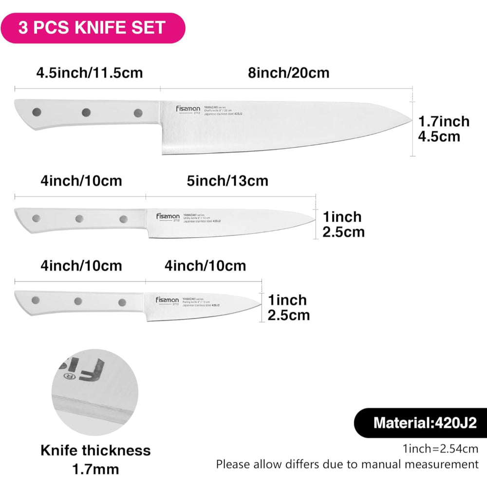 طقم سكاكين يابانية من فيسمان، مكون من 3 قطع - سكين طاهٍ 8 بوصات، سكين متعدد الاستخدامات 5 بوصات، سكين تقشير 4 بوصات - طقم سكاكين مطبخ من الفولاذ المقاوم للصدأ 420J2، سلسلة يامازاكي
