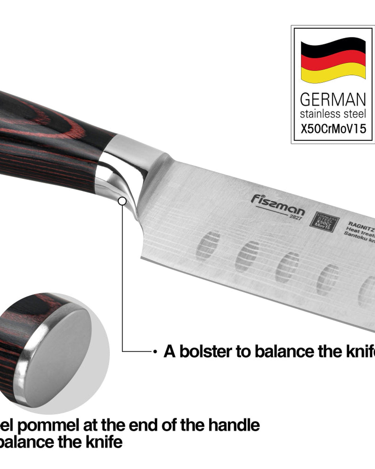 سكين سانتوكو من فيسمان، 7 بوصات، سكين ياباني متعدد الاستخدامات، مصنوع من سبائك ألمانية X50CrMoV15، من الفولاذ المقاوم للصدأ من سلسلة راجنيتز