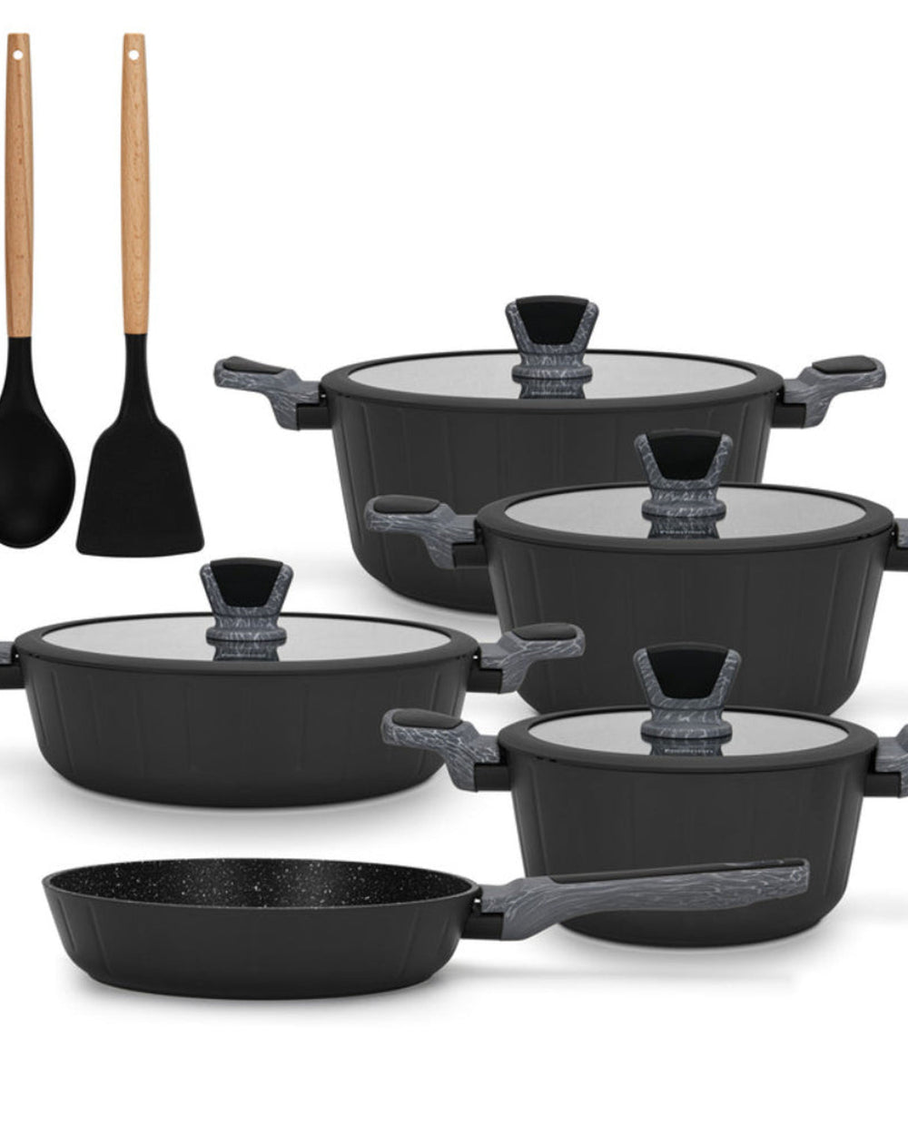 طقم أواني طهي فيسمان ستيلا من الألومنيوم، 11 قطعة، مقلاة قلي عميقة 24 سم، قدر طبخ 28 سم، قدر طبخ 20 سم، قدر طبخ 24 سم، قدر طبخ 28 سم مع ملعقة طبخ ومقلاة.