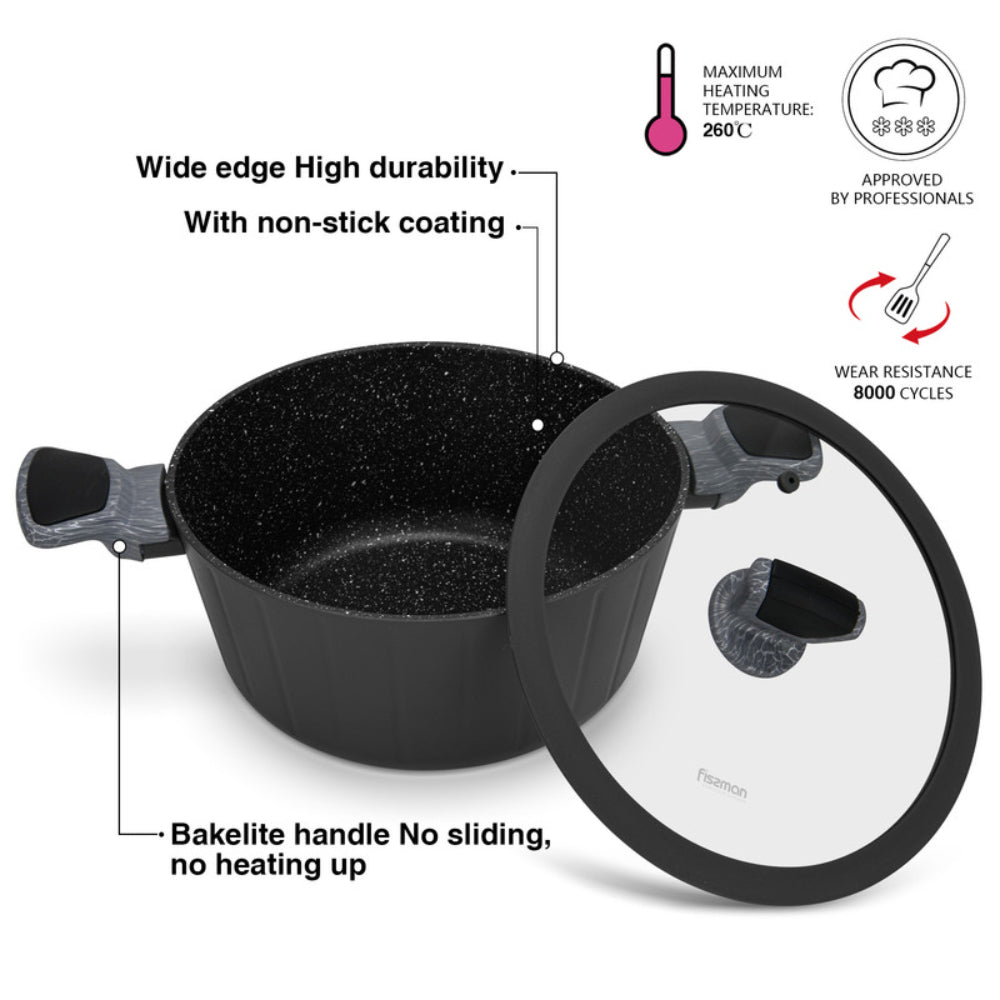 طقم أواني طهي فيسمان ستيلا من الألومنيوم، 11 قطعة، مقلاة قلي عميقة 24 سم، قدر طبخ 28 سم، قدر طبخ 20 سم، قدر طبخ 24 سم، قدر طبخ 28 سم مع ملعقة طبخ ومقلاة.