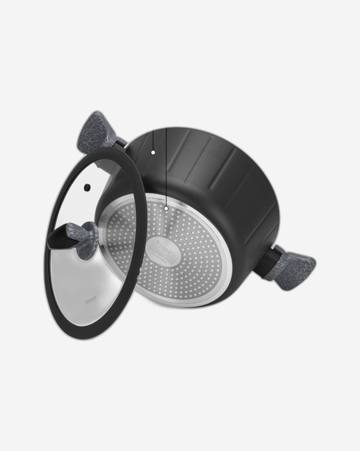 طقم أواني طهي فيسمان ستيلا من الألومنيوم، 11 قطعة، مقلاة قلي عميقة 24 سم، قدر طبخ 28 سم، قدر طبخ 20 سم، قدر طبخ 24 سم، قدر طبخ 28 سم مع ملعقة طبخ ومقلاة.