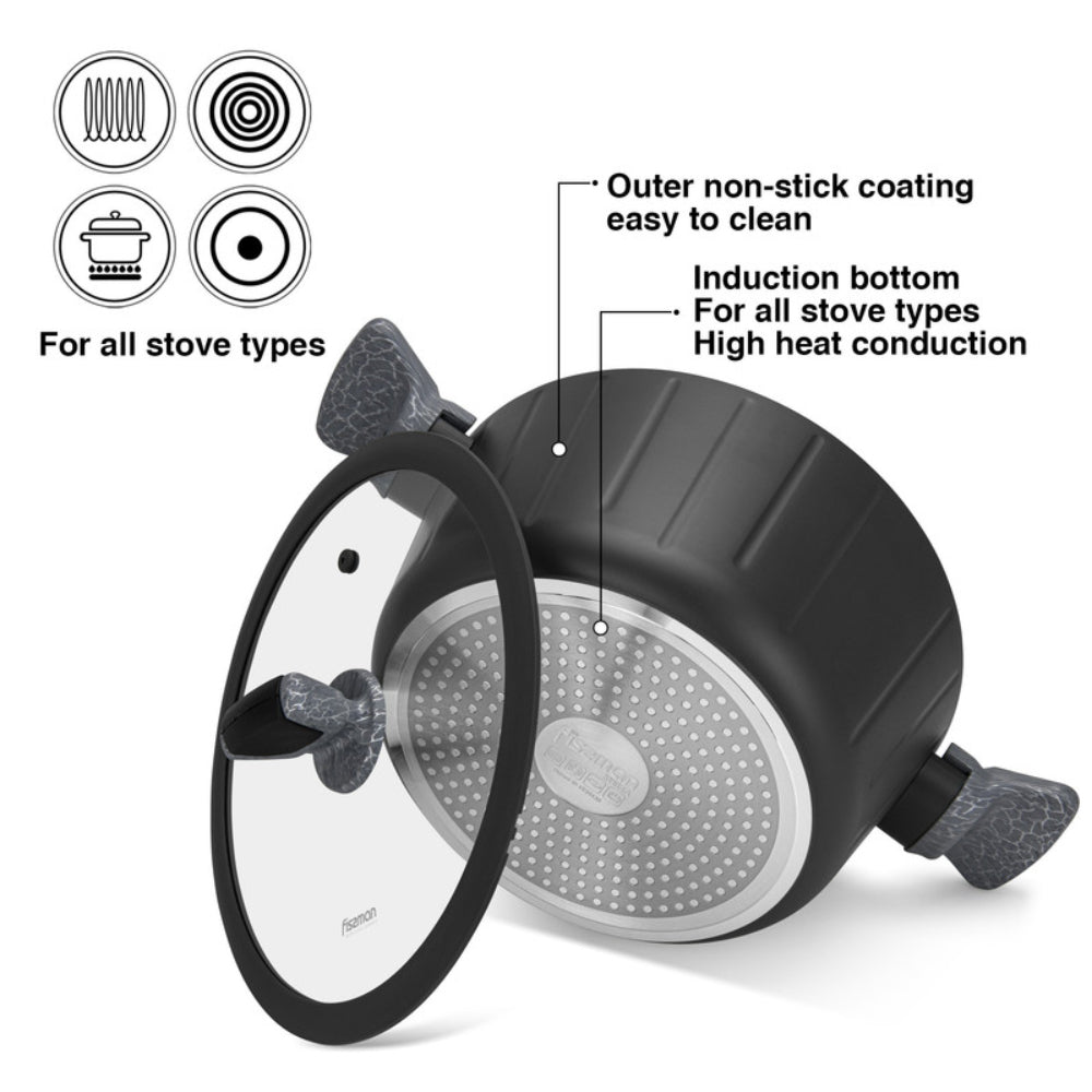 طقم أواني طهي فيسمان ستيلا من الألومنيوم، 11 قطعة، مقلاة قلي عميقة 24 سم، قدر طبخ 28 سم، قدر طبخ 20 سم، قدر طبخ 24 سم، قدر طبخ 28 سم مع ملعقة طبخ ومقلاة.