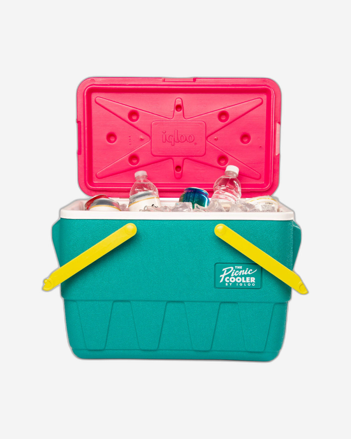 00048537-Igloo-Retro Jade 25 Qt Lunch Picnic Basket Cooler - Dark Jade / Bold Magenta / Livewire Yellow
