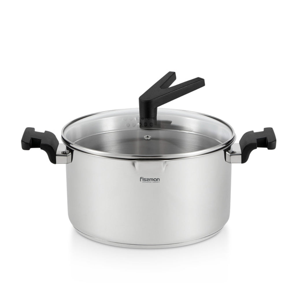 Fissman Stockpot with Glass Lid 24cm/5.6LTR Eliz Series Eliz Series Stainless Steel with Induction BottomDrain Spout Meauring Scale Bakelite Handle