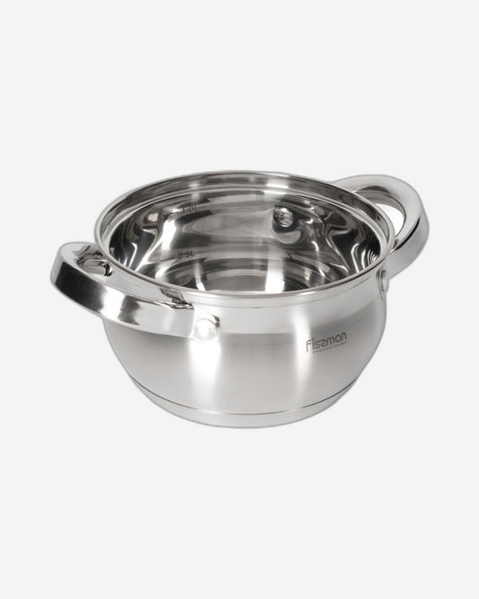 قدر فيسمان للطهي بغطاء زجاجي سعة 1300 مل مع علامة قياس، مصنوع من الفولاذ المقاوم للصدأ 18/10 Inox30، سلسلة فيلينا