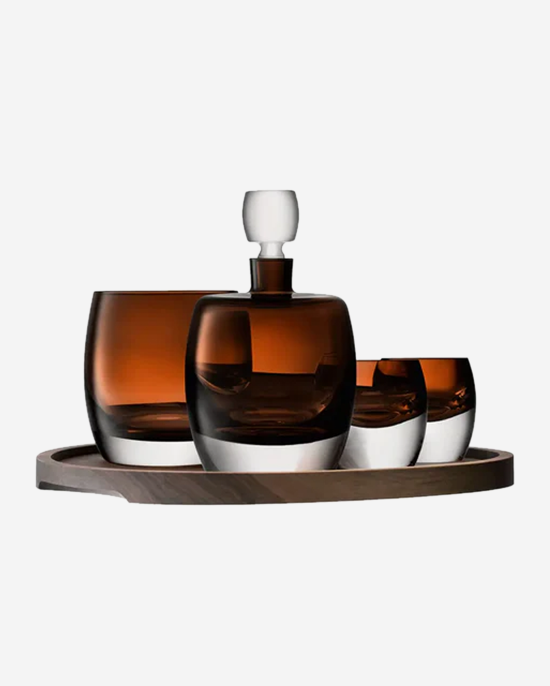 LSA Whisky Club Connoisseur Set Peat Brown & Walnut/Cork Tray