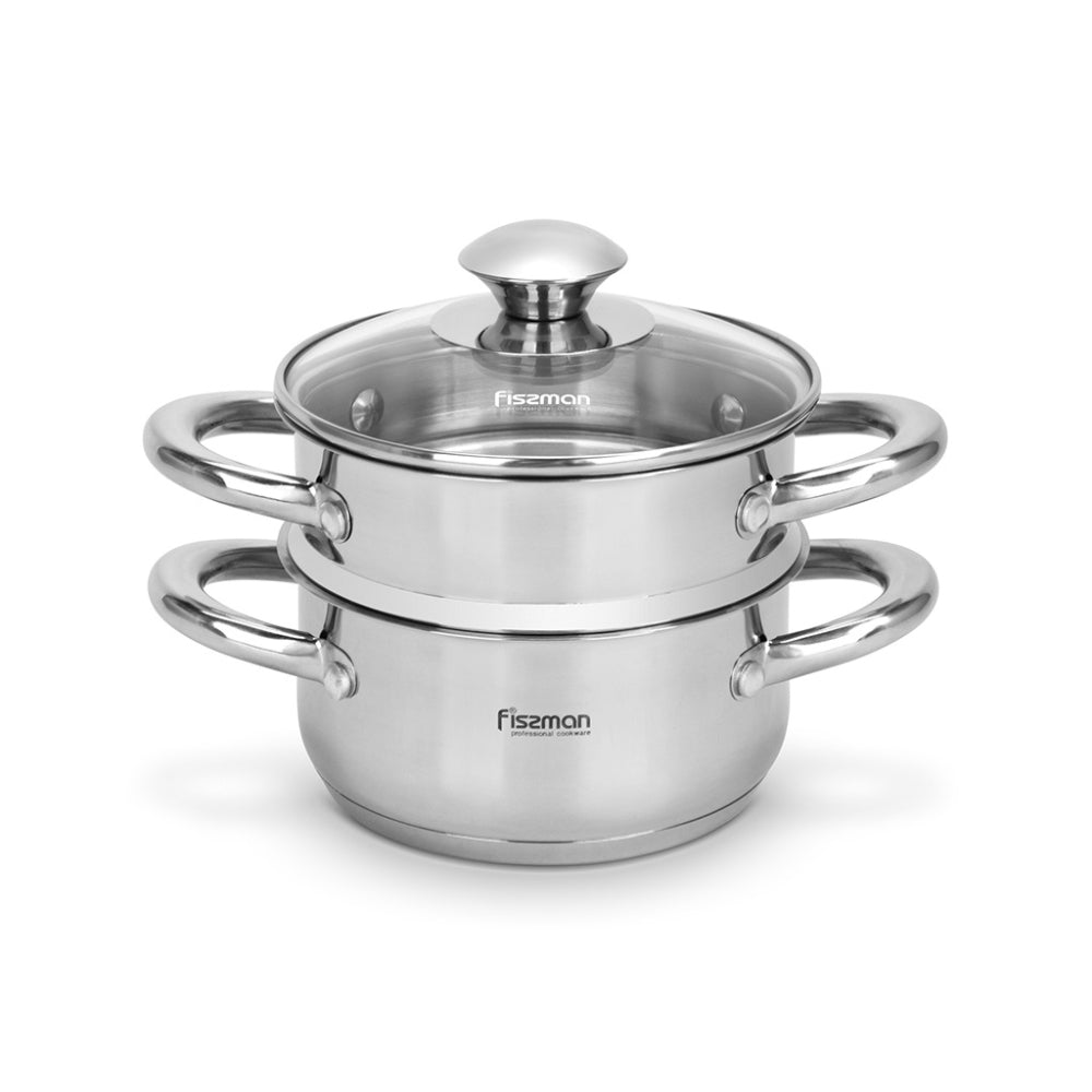 Fissman Mini Stainless Steel Cooking Pot Gulliver 14cm/1.1LTR With Steamer Insert 14cm With Glass Lid