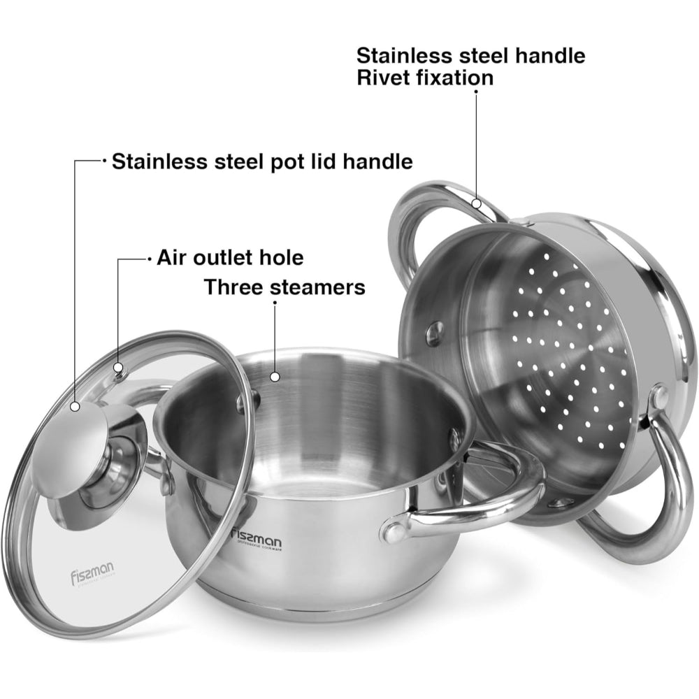 وعاء طهي صغير من الفولاذ المقاوم للصدأ من فيسمان جاليفر 14 سم/1.1 لتر مع ملحق بخار 14 سم مع غطاء زجاجي